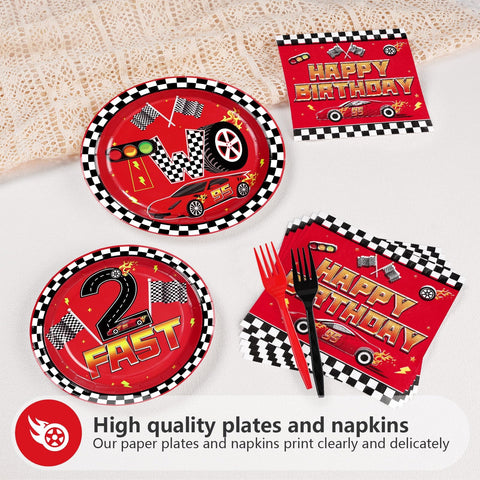 96 Pcs Red Race Car 2nd Birthday Party Plates and Napkins - Grencian