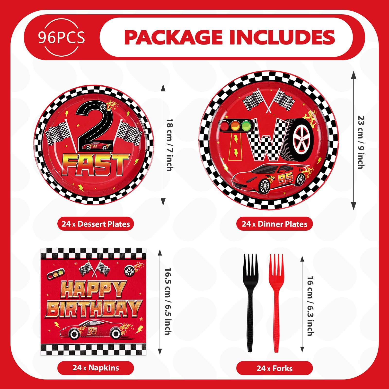 96 Pcs Red Race Car 2nd Birthday Party Plates and Napkins - Grencian