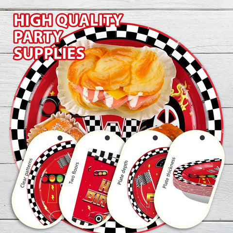96 Pcs Red Race Car 2nd Birthday Party Plates and Napkins - Grencian