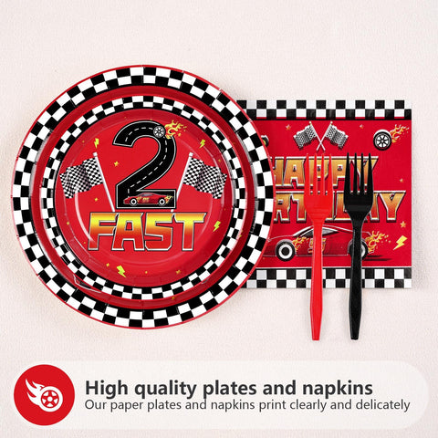 96 Pcs Red Race Car 2nd Birthday Party Plates and Napkins - Grencian