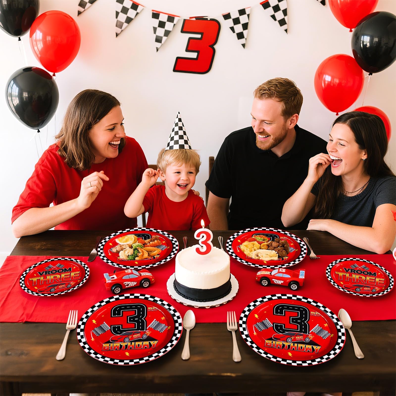 96 Pcs Red Race Car 3rd Birthday Party Plates and Napkins - Grencian