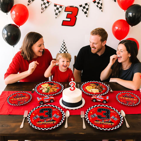 96 Pcs Red Race Car 3rd Birthday Party Plates and Napkins - Grencian