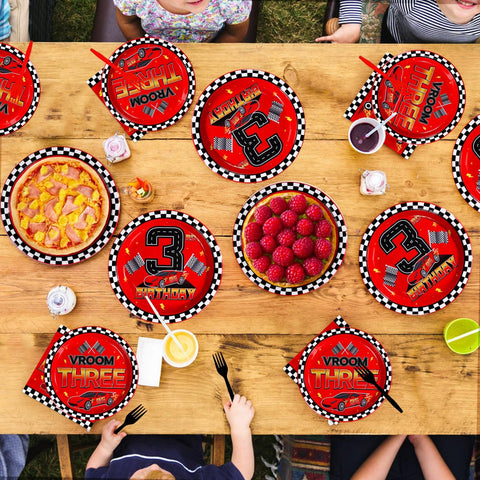 96 Pcs Red Race Car 3rd Birthday Party Plates and Napkins - Grencian