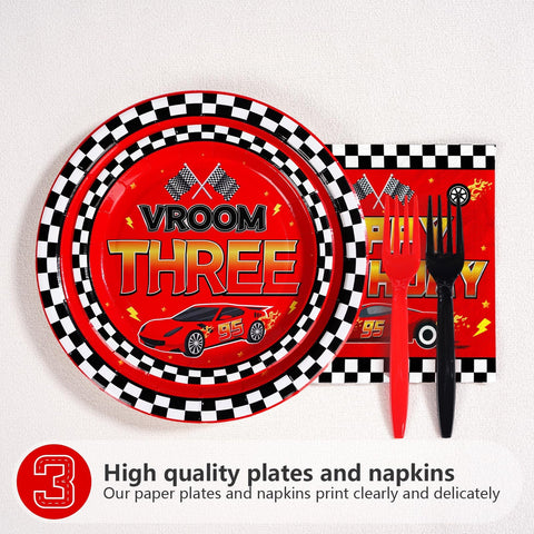 96 Pcs Red Race Car 3rd Birthday Party Plates and Napkins - Grencian