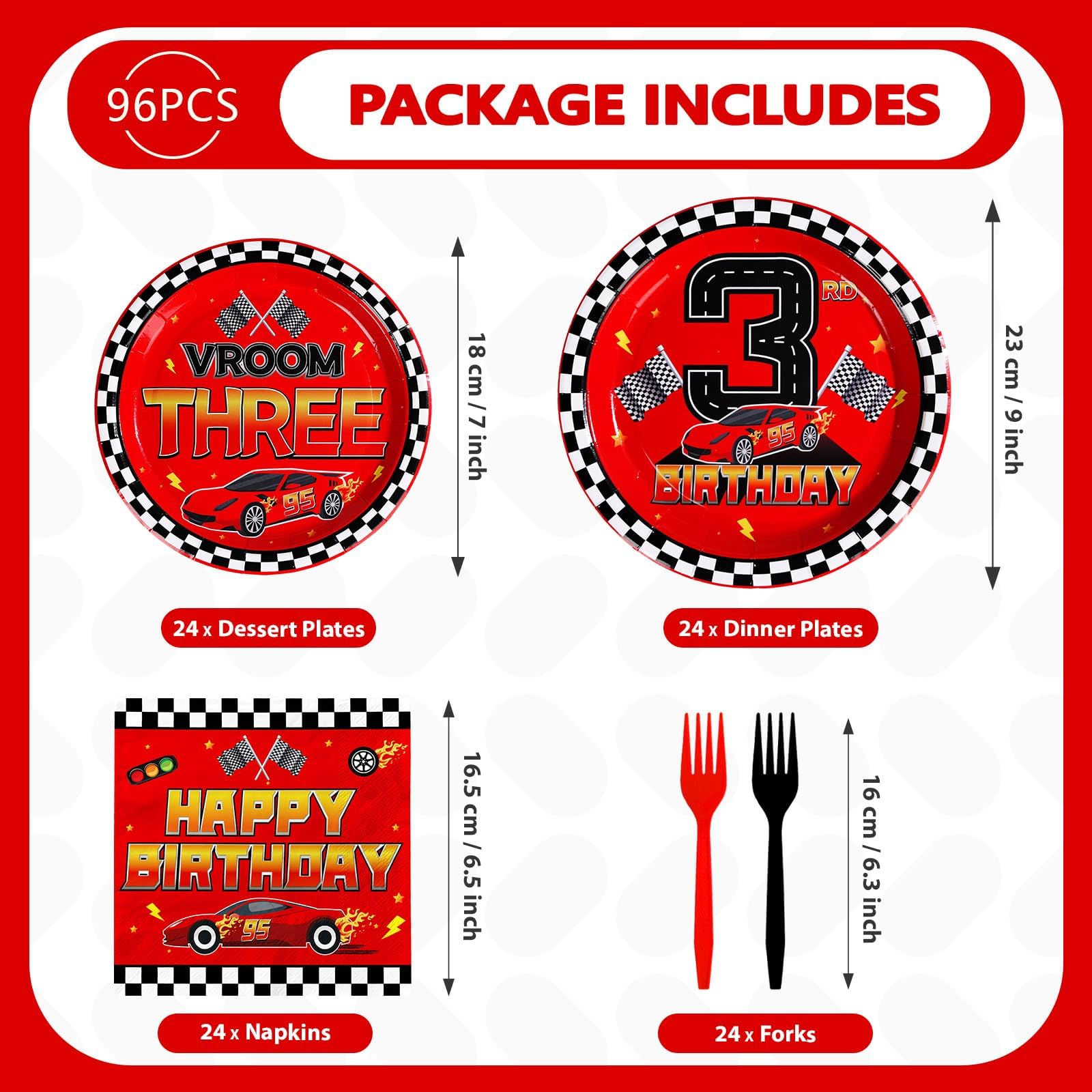 96 Pcs Red Race Car 3rd Birthday Party Plates and Napkins - Grencian