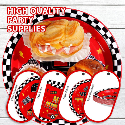 96 Pcs Red Race Car 3rd Birthday Party Plates and Napkins - Grencian