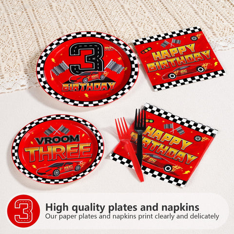 96 Pcs Red Race Car 3rd Birthday Party Plates and Napkins - Grencian