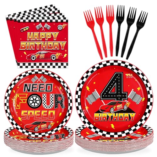 96 Pcs Red Race Car 4th Birthday Party Plates and Napkins - Grencian
