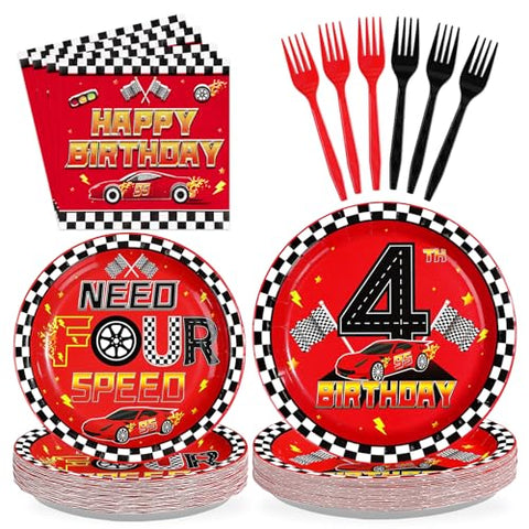 96 Pcs Red Race Car 4th Birthday Party Plates and Napkins - Grencian