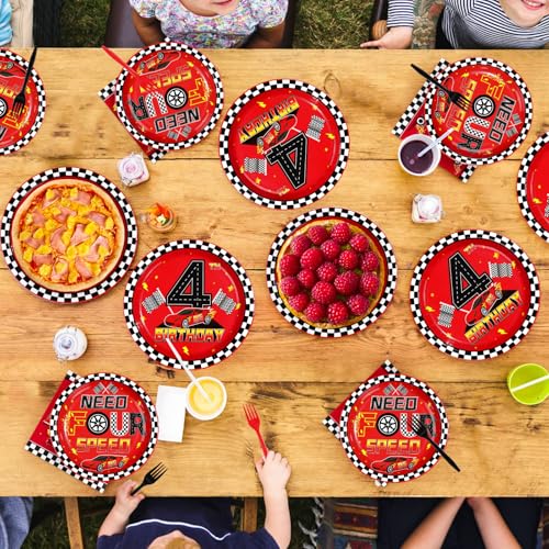 96 Pcs Red Race Car 4th Birthday Party Plates and Napkins - Grencian
