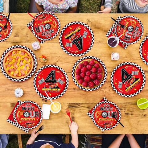 96 Pcs Red Race Car 4th Birthday Party Plates and Napkins - Grencian