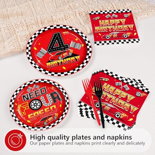 96 Pcs Red Race Car 4th Birthday Party Plates and Napkins - Grencian