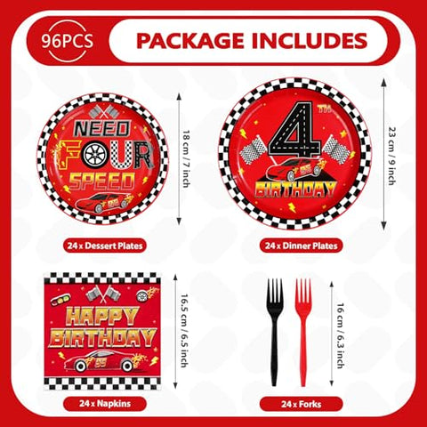 96 Pcs Red Race Car 4th Birthday Party Plates and Napkins - Grencian