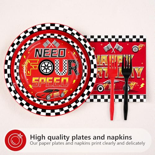 96 Pcs Red Race Car 4th Birthday Party Plates and Napkins - Grencian
