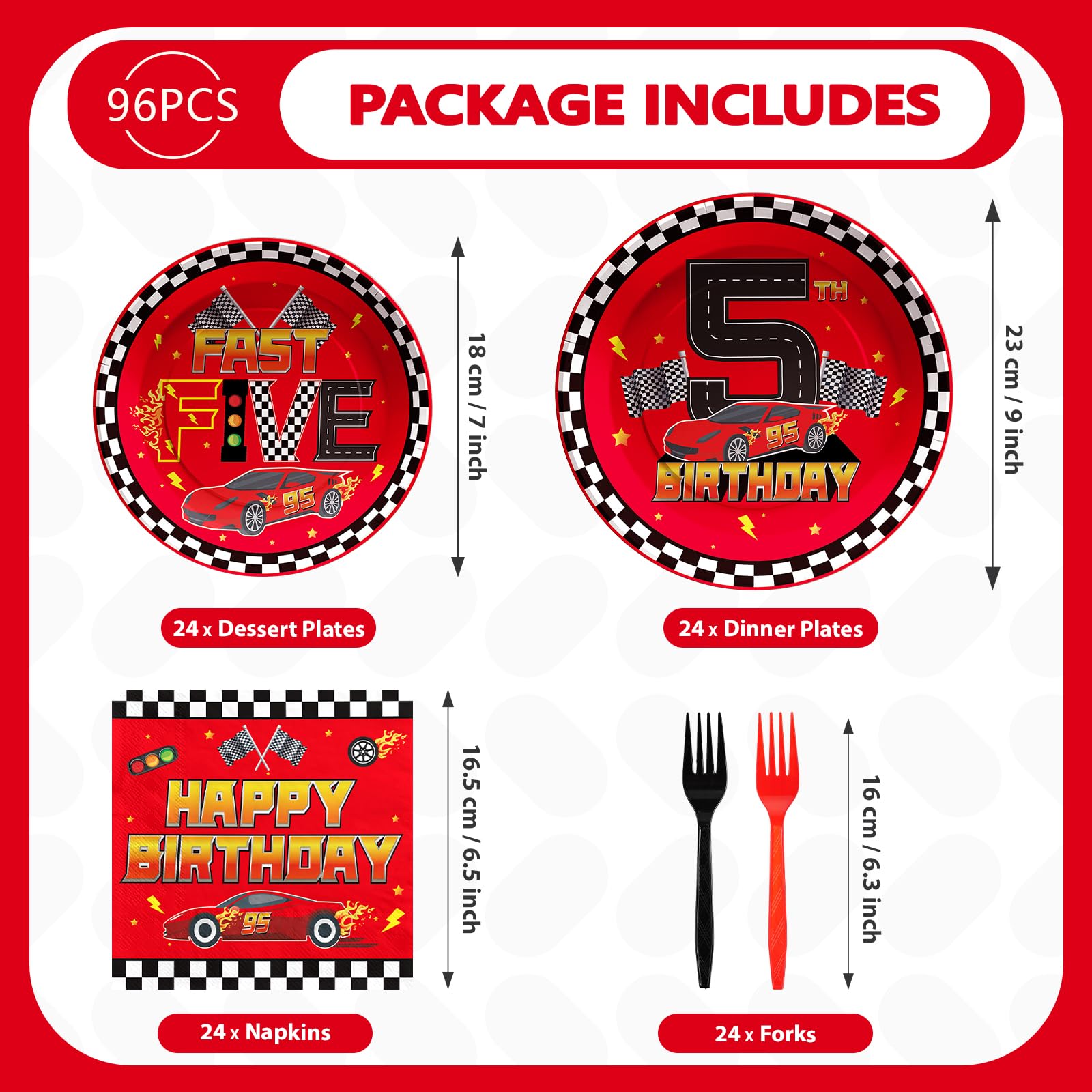 96 Pcs Red Race Car 5th Birthday Party Plates and Napkins - Grencian