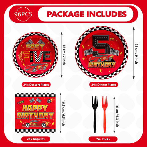96 Pcs Red Race Car 5th Birthday Party Plates and Napkins - Grencian