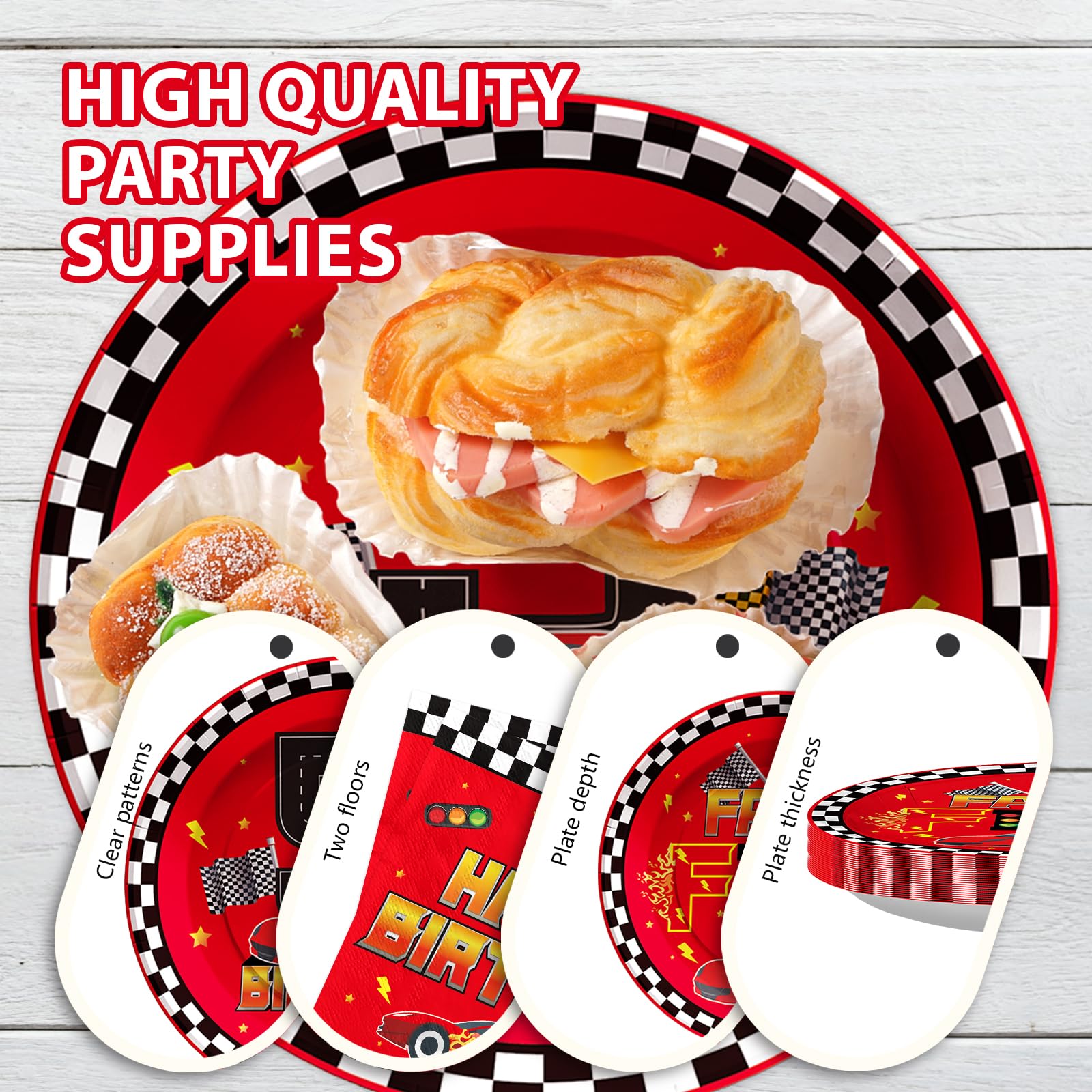 96 Pcs Red Race Car 5th Birthday Party Plates and Napkins - Grencian