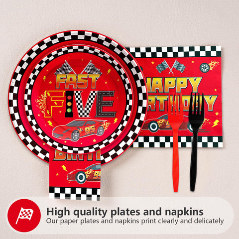 96 Pcs Red Race Car 5th Birthday Party Plates and Napkins - Grencian