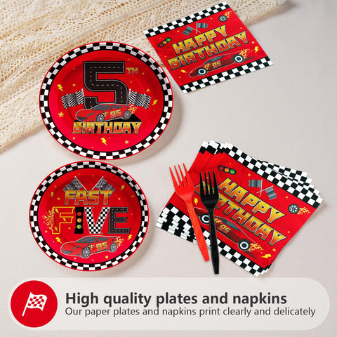 96 Pcs Red Race Car 5th Birthday Party Plates and Napkins - Grencian