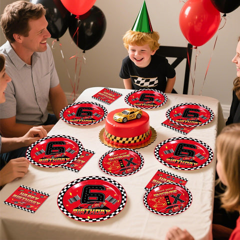 96 Pcs Red Race Car 6th Birthday Party Plates and Napkins - Grencian