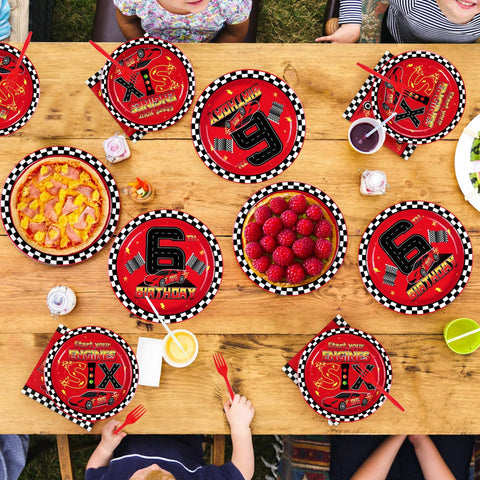 96 Pcs Red Race Car 6th Birthday Party Plates and Napkins - Grencian
