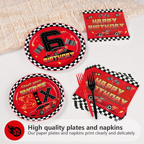 96 Pcs Red Race Car 6th Birthday Party Plates and Napkins - Grencian
