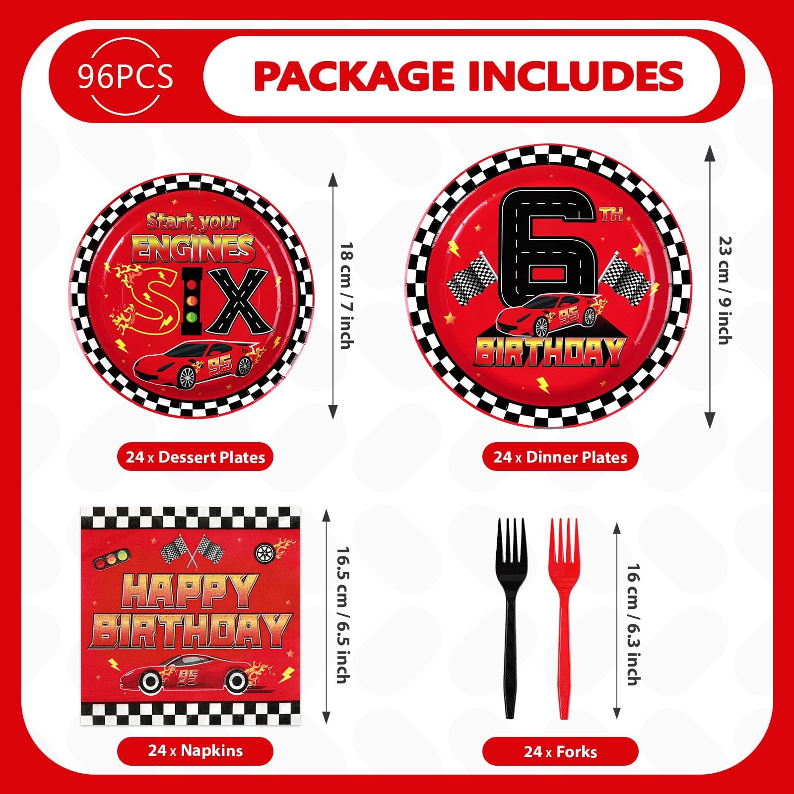 96 Pcs Red Race Car 6th Birthday Party Plates and Napkins - Grencian