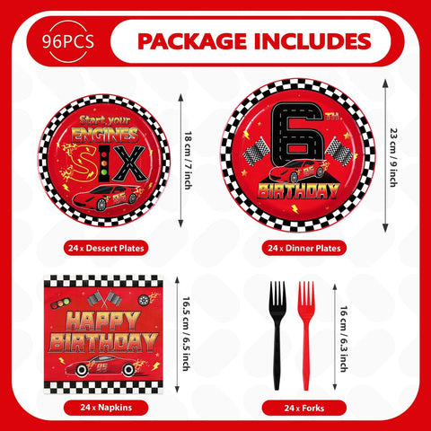 96 Pcs Red Race Car 6th Birthday Party Plates and Napkins - Grencian