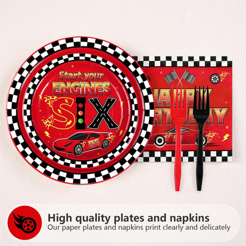 96 Pcs Red Race Car 6th Birthday Party Plates and Napkins - Grencian