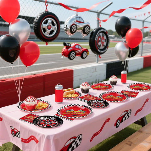 96 Pcs Red Race Car Birthday Party Plates and Napkins - Grencian
