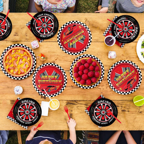 96 Pcs Red Race Car Birthday Party Plates and Napkins - Grencian