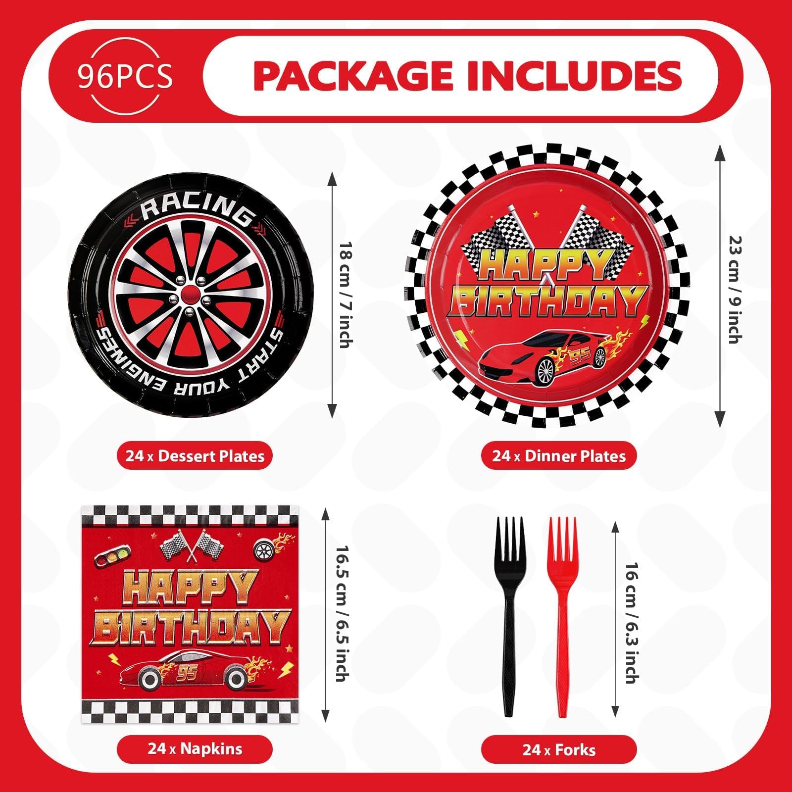 96 Pcs Red Race Car Birthday Party Plates and Napkins - Grencian