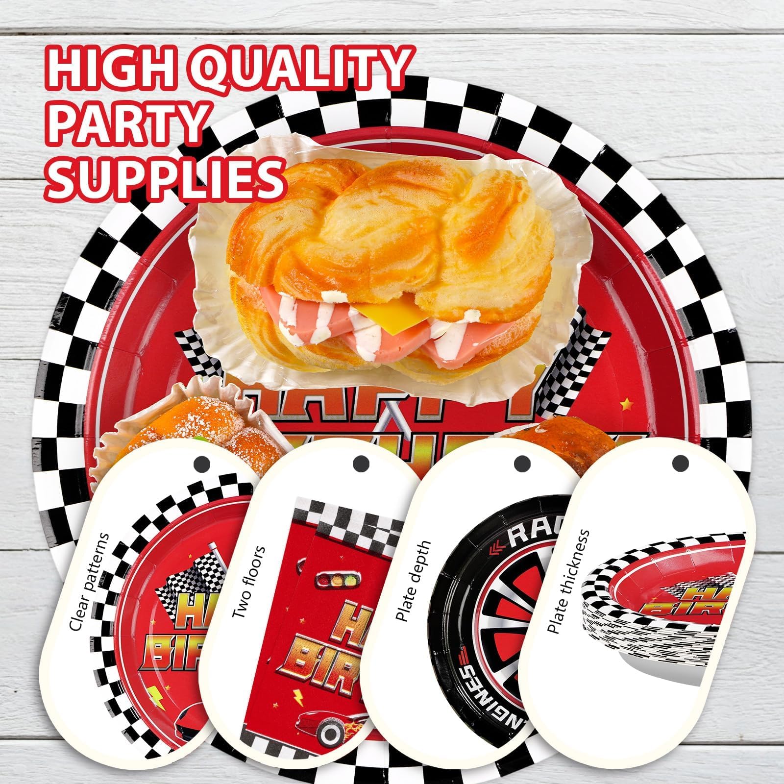 96 Pcs Red Race Car Birthday Party Plates and Napkins - Grencian