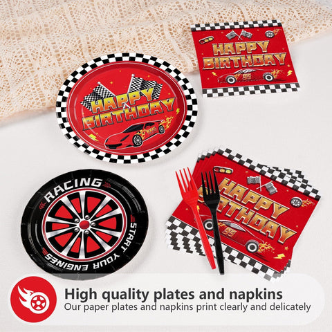 96 Pcs Red Race Car Birthday Party Plates and Napkins - Grencian