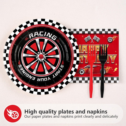 96 Pcs Red Race Car Birthday Party Plates and Napkins - Grencian