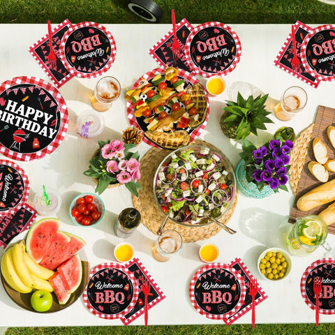 96 Pcs Red and Black BBQ Party Plates and Napkins - Grencian