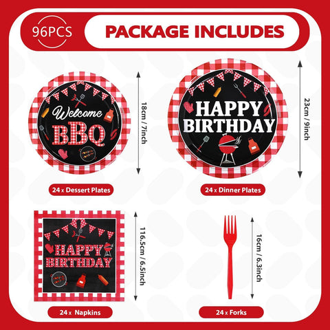 96 Pcs Red and Black BBQ Party Plates and Napkins - Grencian