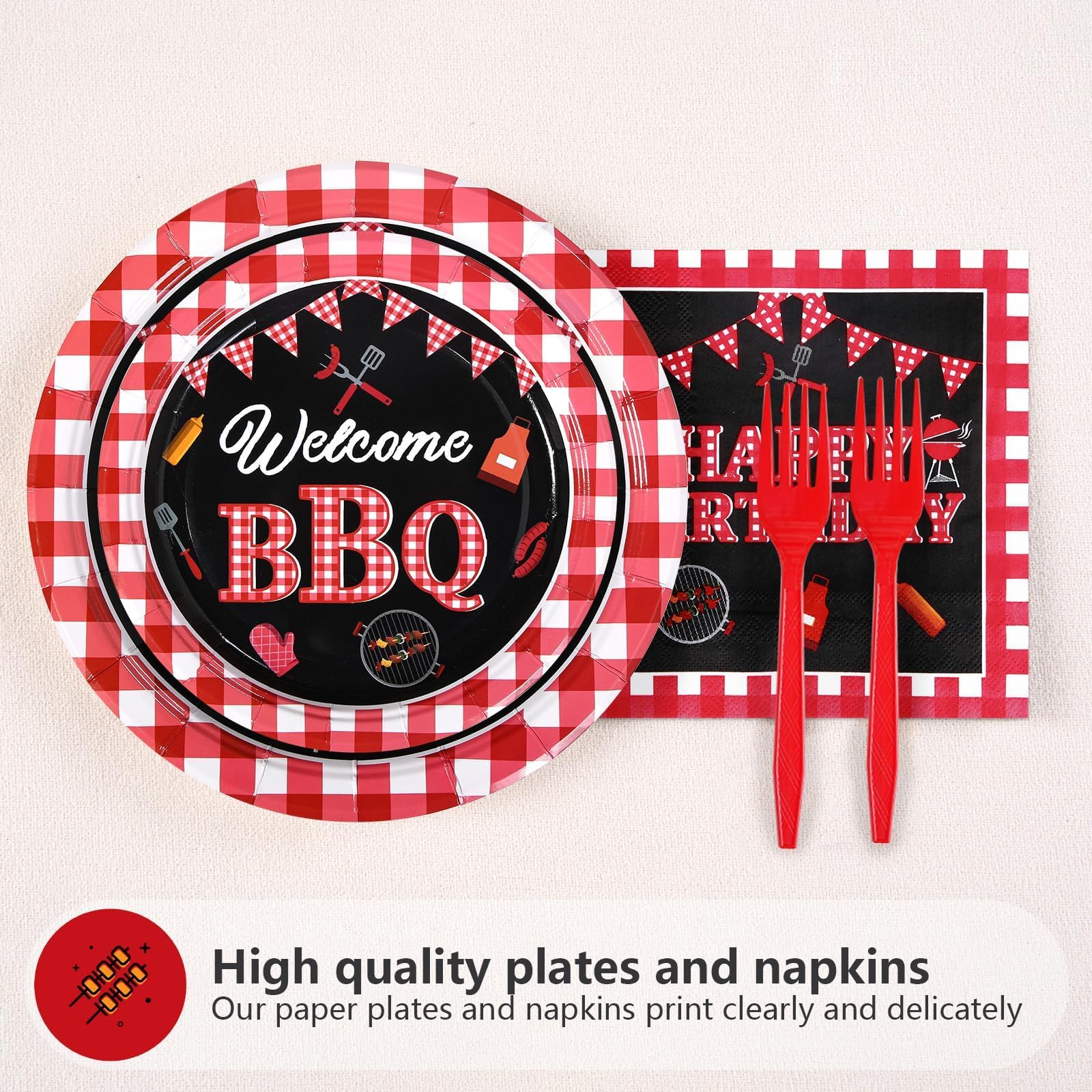 96 Pcs Red and Black BBQ Party Plates and Napkins - Grencian
