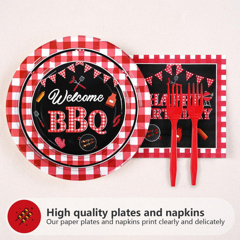 96 Pcs Red and Black BBQ Party Plates and Napkins - Grencian