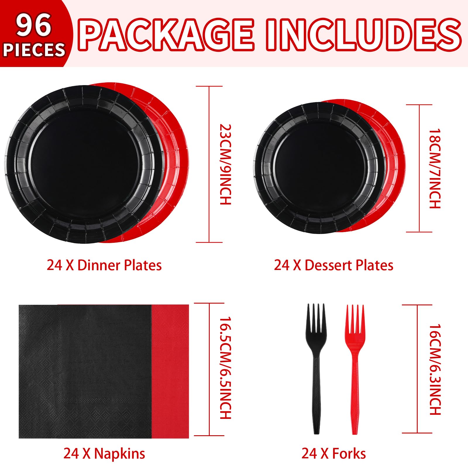 96 Pcs Black Red Party Plates and Napkins - Grencian