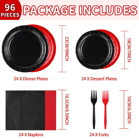 96 Pcs Black Red Party Plates and Napkins - Grencian