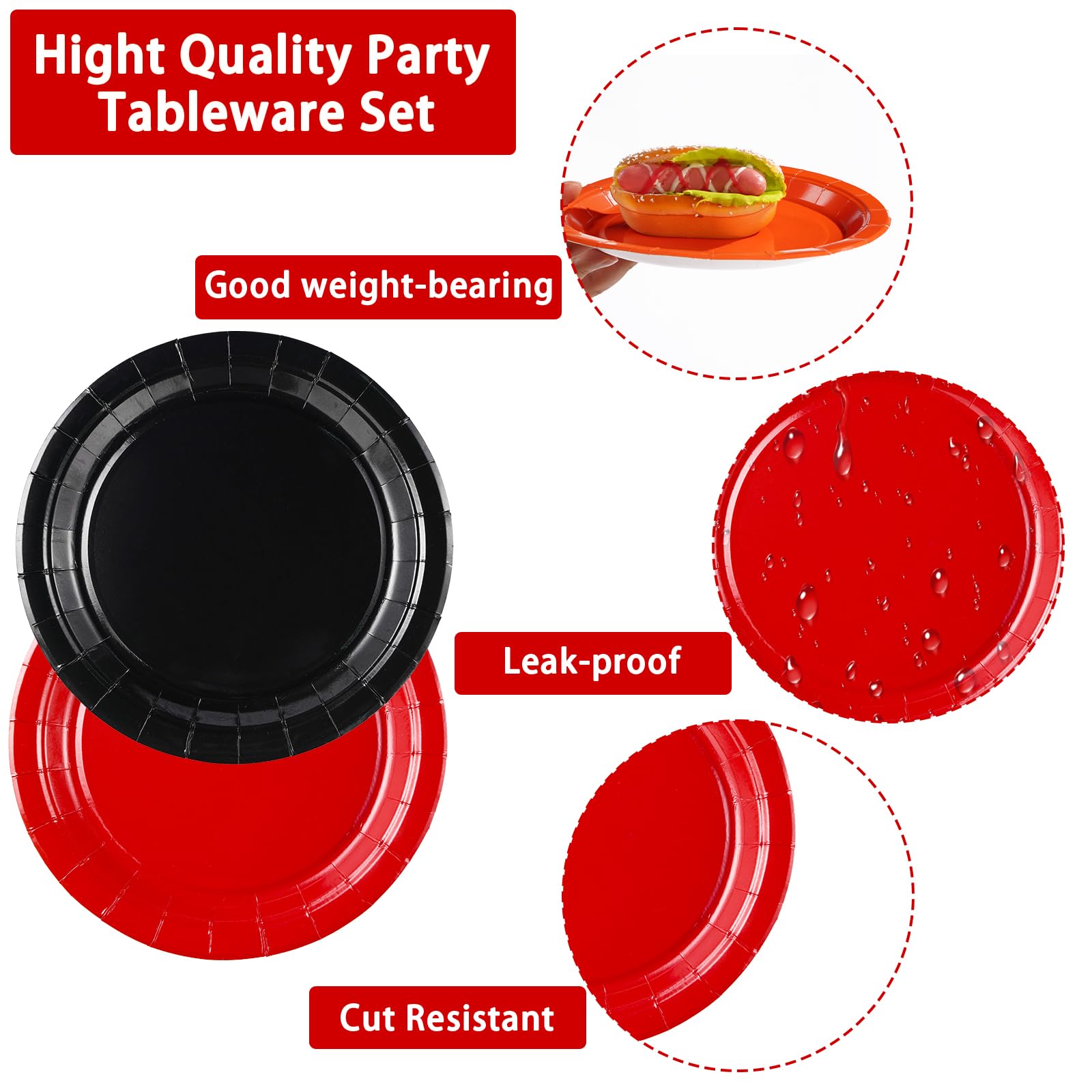 96 Pcs Black Red Party Plates and Napkins - Grencian