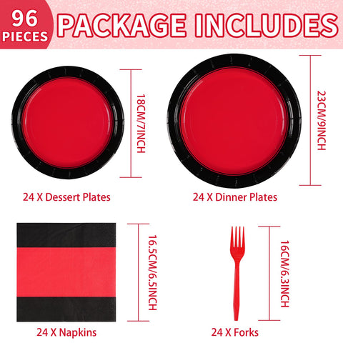 96 Pcs Red and Black Party Plates and Napkins - Grencian