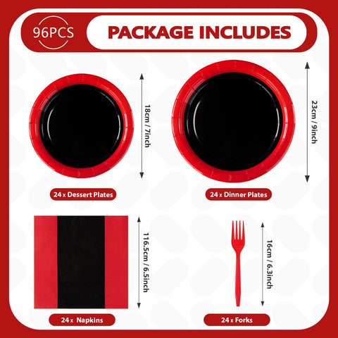 96 Pcs Red and Black Party Plates and Napkins - Grencian