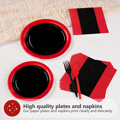96 Pcs Red and Black Party Plates and Napkins - Grencian
