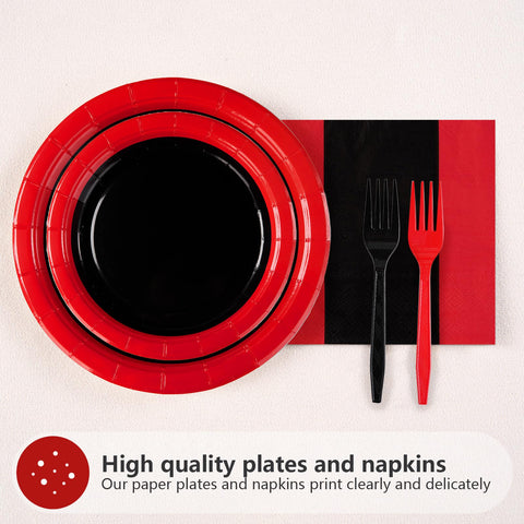 96 Pcs Red and Black Party Plates and Napkins - Grencian