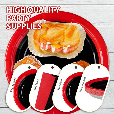 96 Pcs Red and Black Party Plates and Napkins - Grencian