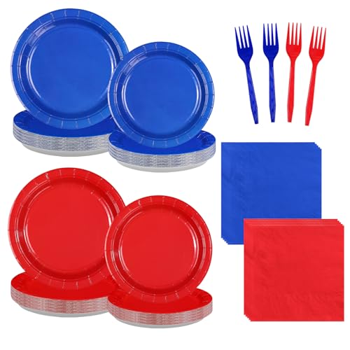96 Pcs Red and Blue Party Plates and Napkins - Grencian