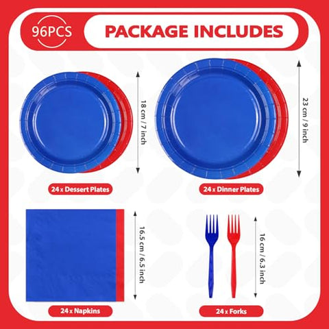 96 Pcs Red and Blue Party Plates and Napkins - Grencian