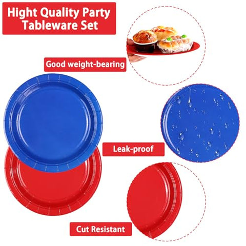 96 Pcs Red and Blue Party Plates and Napkins - Grencian